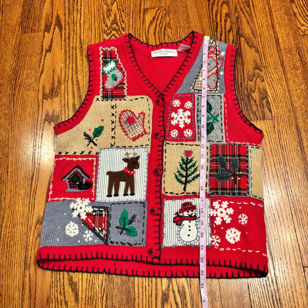 Victoria Jones Vintage 90s Ugly Christmas Sweater Vest Red Patchwork Petite L - Picture 5 of 6